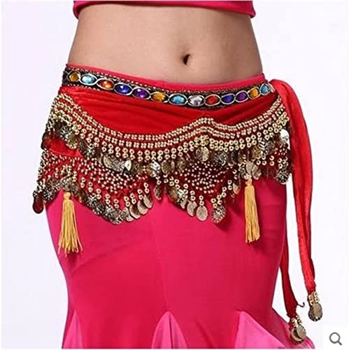QUNINE Bauchtanz-Gürtel für Damen, Hüfttuch, Bauchtanz-Kostüme, Samt, Laterne, Goldmünzen, Bauchtanz-Hüfttuch (rot, Einheitsgröße)