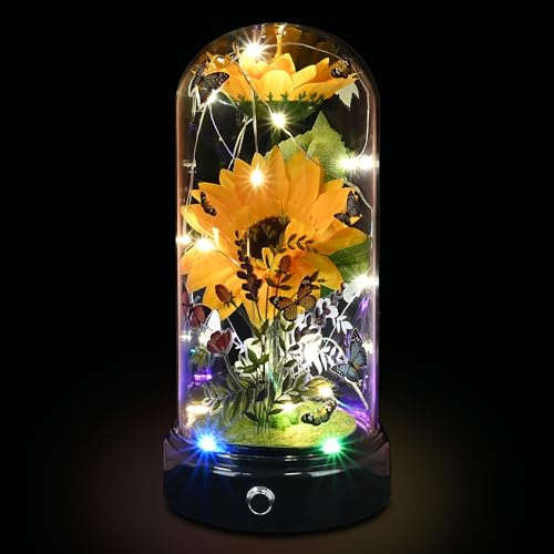 Christmas Sunflower Gifts for Women, Artificial Sunflower in Glass Dome, Light Up Flower is Unusual Sunflower Gifts for Women/Mum/Wife/Her on Valentines Day Mothers Day Anniversary Birthday Christmas