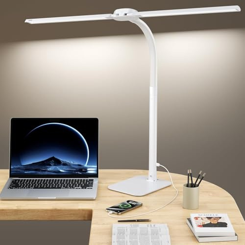Kary 24W LED Schreibtischlampe Doppelkopf Dimmbar Tischlampe Weiß | 80cm breites Doppelkopf-Licht mit Fernbedienung, Memory & Timer, Elegantes Design für Studio & Büro, CRI>90