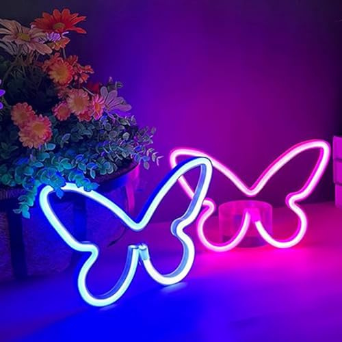 2 señales de luz de neón LED, letreros de neón de mariposa, luces nocturnas para el hogar, lámparas decorativas para dormitorio de niños, arte de pared, regalo romántico de cumpleaños de Navidad