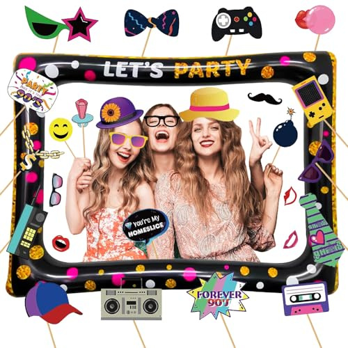 90-tal uppblåsbara bildram med 30 st fotorekvisita, 90-talet fotobooth, 90-tals fest fotobox tillbehör, selfie ram för 90-talet