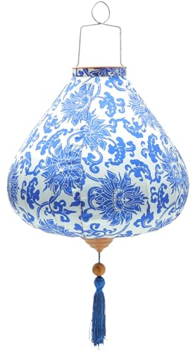 Uonlytech Chinesische Seidenlaterne Blaue Und Weiße Porzellan-Laternenlampe Vietnamesische Hängelaternen Hoian-Lampe Vietnam-Lampenschirm Floraler Frühling Festliche Laternen Lichter 30 5