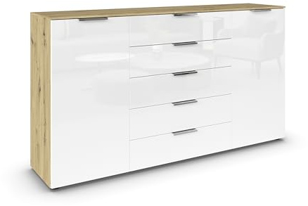 Rauch Möbel Flipp, Kommode, Farbe Glas Weiß/Eiche Artisan, Breite 180 cm | Sideboard, 2-türig, 5 Schubladen, Glasfront, Soft-Close-Funktion, für Schlafzimmer, Gästezimmer, Wohnzimmer, Garderobe, Flur