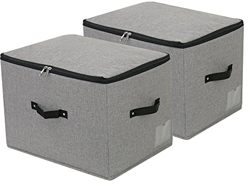 Caja de almacenamiento de tela plegable rígida con tapa con cremallera, asa, ropa de cama, cesta de almacenamiento organizador para armario estantería, lavable, 44 × 33 × 31 cm, gris oscuro, 2