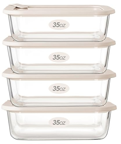Urban Green Glass Food Storage Containers with Glass Lids, Microwave Safe Food Container Set, Airtight Food Container Set, LeakProof, 100% Plastic Free, White Color, 4pack