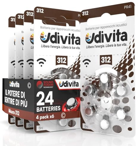 24 Pile Per Apparecchi Acustici Udivita Misura 312 Batterie Zinco Aria - 4 Blister da 6 Pile