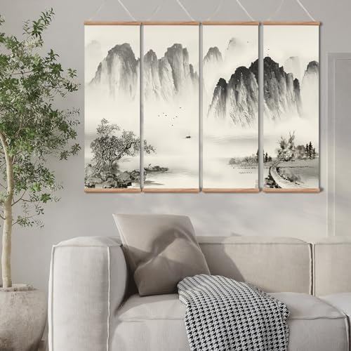 Landscape Painting,Chinese Ancient Architecture Posters and Prints,traditional Ink Decor,Wall Art Black and White for Living Room Bedroom,4 Piece Set Fixed Wooden Hanging Scroll (landscape, 12”x36”x4piece)