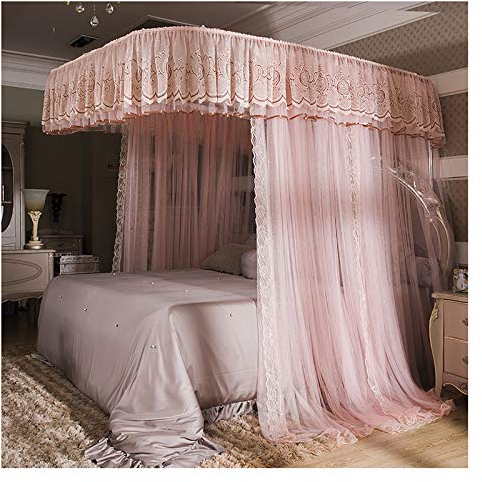 GLFNB Prinzessinnen-Betthimmel für Mädchen, Moskitonetz mit U-förmiger Halterung, Elegante Spitzenbettdekoration, 3 zu öffnende Bettvorhänge, Himmel für Kingsize-Bett und Queensize-Bett