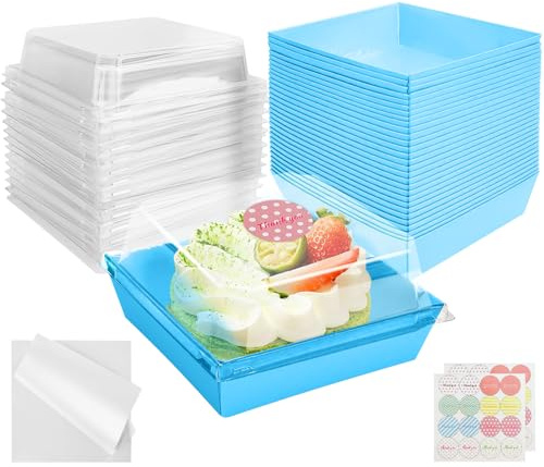 CoKeeSun 30 Pièces Boîte Bento Cake, Boîtes à Tranches de Gâteau avec Couvercle Transparent, Boîtes à Desserts avec Papier de Cuisson et Autocollants, pour Sandwichs, Cupcakes, Donut, Bonbon (Bleu)