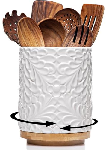 Extra Large 360° Rotating Utensil Holder for Kitchen Counter, 8.3” Cooking Utensil Holder for Countertop with Bamboo Base, White Ceramic Utensil Crock Canister for Cooking Utensils - Engraved Design