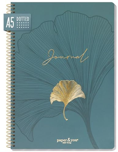 paper&you® dotted Journal A5 mit Spiralbindung Blue Ginkgo 160 Seiten, Notizbuch gepunktet mit Spirale, College-Block, Spiral-Block, Notizblock - nachhaltig & klimafreundlich