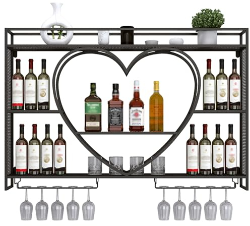 Metal Wall Mounted Wine Rack With LED Light, Floating Liquor Shelves With Wine Glass Holder, Multi Functional Display Storage Organizer, Liquor Bottles Shelf For Kitchen, Home, Bar, Cafe(Black,120x15x