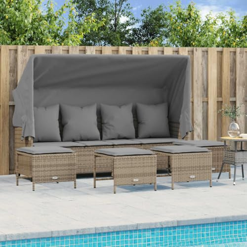 Homgoday 5-TLG. Gartensofa mit Dach & Fußhocker Gartenlounge Balkonmöbel Gartenmöbel Loungemöbel Sitzgruppe Sofagarnitur mit Kissen Ecksofa für Balkon Terrasse Hellgrau Poly Rattan