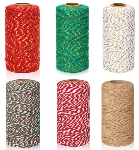 6 Rolls Christmas Wrapping String, 2mm 600M Red Green Cotton String Twine for Xmas DIY Crafts Decorations