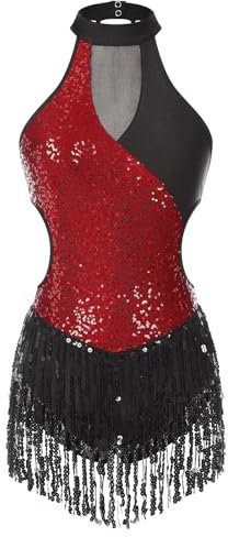 MZPOZB Gymnastik Trikots Frauen Erwachsene Pailletten Quasten Latin Dance Overall Eiskunstlauf Body for Femme Gymnastik Trikot Leistung Dancewear Turntrikot(Burgundy B,S)