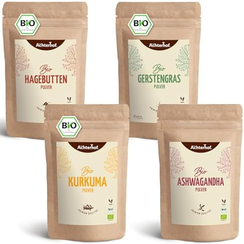 Goldene Milch Mischung 4er Bio Set – Maxi | 3x1000g, 1x500g | das Vorrats-Paket für die perfekte Goldene Milch | mit Kurkuma-, Gerstengras-, Hagebutten- und Ashwagandha Pulver | vom Achterhof