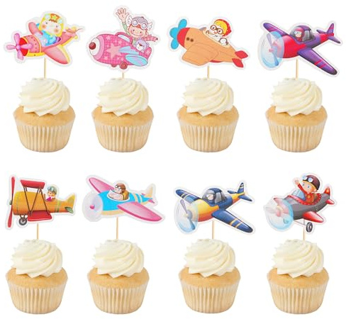 Arthsdite 24Pcs Airplane Cupcake Toppers Pilot Aviation Plane Cupcake Picks Airplane Plane Cupcake Decoration for Plane Theme Baby Shower Kids Children Birthday Party Cake Decorations Supplies