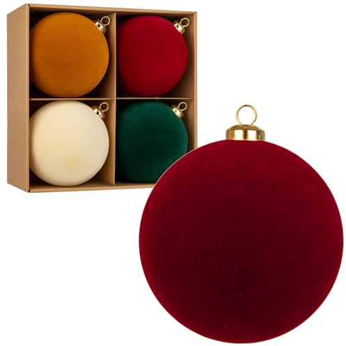 Hollyone 4 Stück Große Weihnachtskugeln aus Samt, 12cm Flockige Christbaumkugeln, Bruchsicherer Dekorativer Hängende Ornamente für Weihnachtsbaum Feiertage Party Weihnachtsdeko