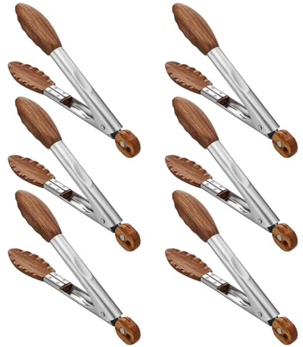 Honeydak 6 Pcs Walnut Wooden Kitchen Tongs 7 Inch Kitchen Stainless Steel Salad Tongs with Walnut Wood Tip Cooking Utensils Set for Serving Food Grilling Buffet Wedding Party Vintage Style Tableware