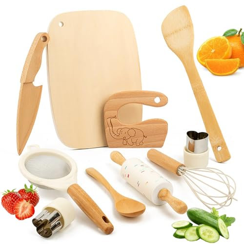 Quvanhqjzy Kindermesser-Set, 10-teilig, Sicherheit Kindermesser, ab 3 Jahren, Montessori Messer, Holz, Geschenk für Kleinkinder, Geburtstag, Weihnachten, Spielzeug ab 3-9 Jahren