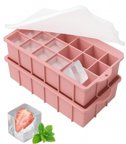 Eiswürfelform Silikon, 2 Stück 15 Fach Eiswürfelschalen, Stapelbar Eiswürfelbehälter,für Form für Cocktail Whiskey Kaffee Eiscreme -Rosa
