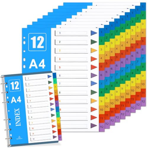 DMSELL 1-12 Part Extra Wide A4 File Dividers, 10 Pack, 11-Hole | PP Plastic Material, Extra Wide 24.5 x 29.7 cm, 6 Colours, Writable Index Page, for Lever Arch Files and Ring Binders