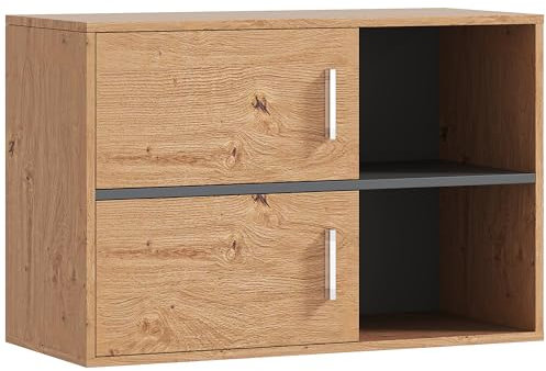 HOMCOM Mueble Auxiliar de Baño Armario de Baño de Pared con Compartimentos Abiertos de Almacenamiento y 2 Puertas Estilo Moderno para Entrada Cocina 80x35x57,5 cm Natural