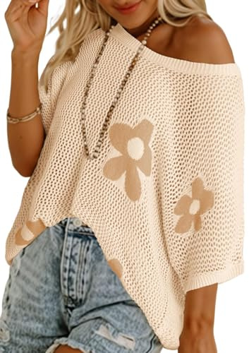 Chicrise Jersey de ganchillo para mujer, hombros descubiertos, cuello redondo, jersey de punto de gran tamaño, aguja de ganchillo, cubierta de malla, parte superior Lechit casual, Flores de albari, S