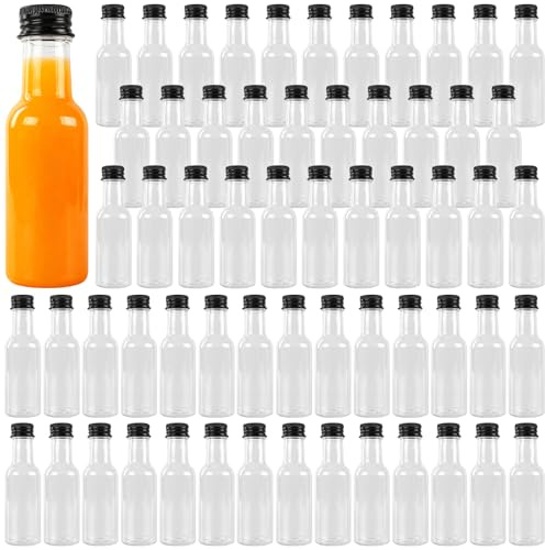 KEILEOHO 70 unidades de 10,5 x 3,2 cm, 50 ml, mini botellas de plástico transparentes, pequeñas botellas de licor para licor, fiestas y regalos