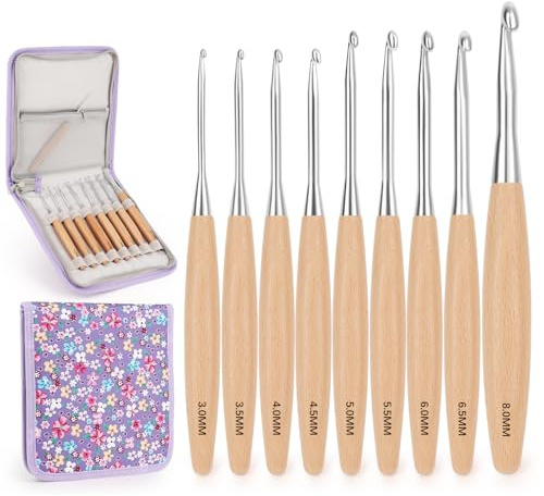 Coopay Crochet Hooks Set, 9pcs Ergonomic Crochet Hooks with Beech Wood Grips, 3.0-8.0mm Lightweight Crochet Hook for Arthritic Hands, Metal Crochet Hook Set with Floral Storage Bag