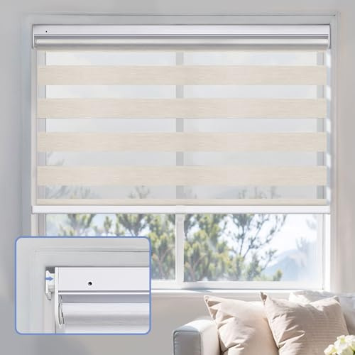 Keego No Drill Day Night Blind Zebra Roller Blinds,Cordless Blackout Blinds Dim or Translucent Window Shades for Bedroom, Kitchen(80% Blackout Beige,Custom Sizes)