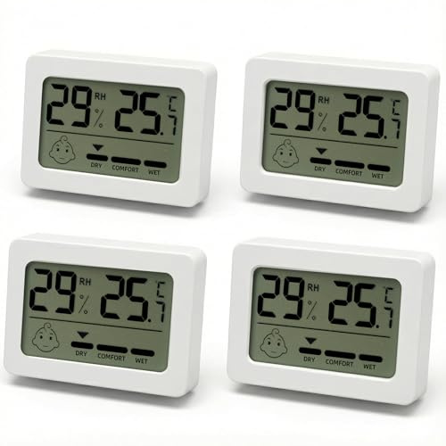 Set of 4 Thermometer Hygrometer - Digital Room Thermometer for Control Indoor Humidity, Wall Mounting, Mould Prevention - Indicator Smiley Face, White