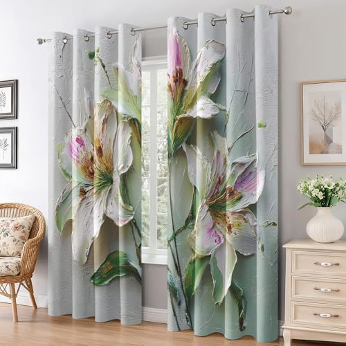 Generico Tende per Interni Fiori di Giglio Bianco, Tende Oscuranti Fiori Dipinto a Olio per Camera da Letto Soggiorno, Cucina, Finestra, Tenda con Occhielli 140L x 245A cm (2 Pannelli) E-D19