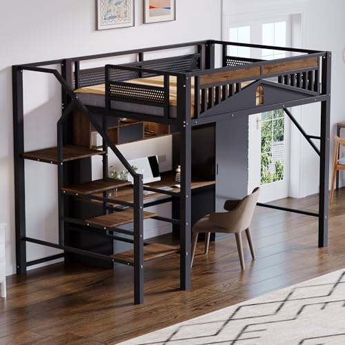 vutizal Großes Hochbett 140x200 cm mit Sicherheitsleiter & Freifläche – Zusätzlicher Stauraum unter dem Bett – Schwarz – Für Teenager und Erwachsene