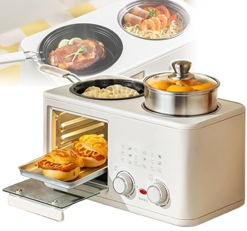 Máquina De Desayuno Multifunción Con Horno De 8 L, Olla De 1 L, Sartén Y Vaporera, Temporizador De 60 Min, Sartén Antiadherente, Para Cocinas, Familias Y Apartamentos.,White