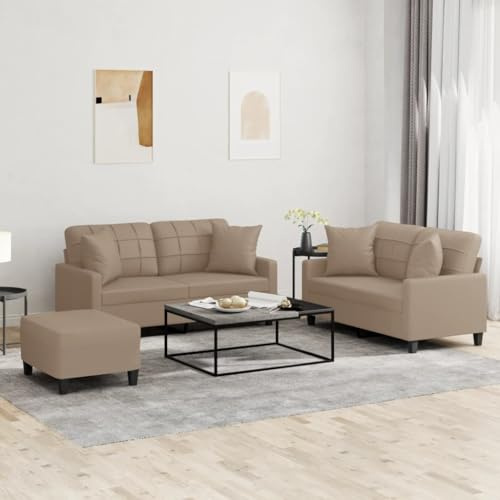 Augerqir 3 TLG Sofagarnitur mit Kissen Cappuccino Braun Kunstleder, Polstergarnitur mit Ottomane und Recamiere für Wohnzimmer, Gästezimmer, Jugendzimmer, Büro, platzsparend und bequem