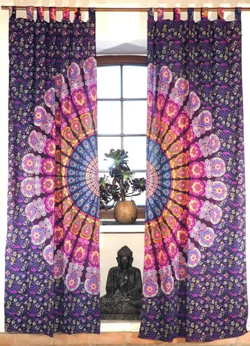 Boho Vorhänge, Gardine mit Schlaufen, Mandala Motiv, lila/gelb/pink | Blickdicht, 100% Baumwolle, handbedruckt, Leuchteffekt, inkl. Drapierbändchen