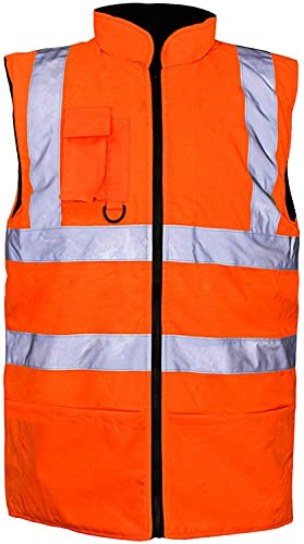 TrendyFashion Gilet da uomo ad alta visibilità riflettente ad alta visibilità, foderato in pile, reversibile, caldo gilet da lavoro, Arancione, M