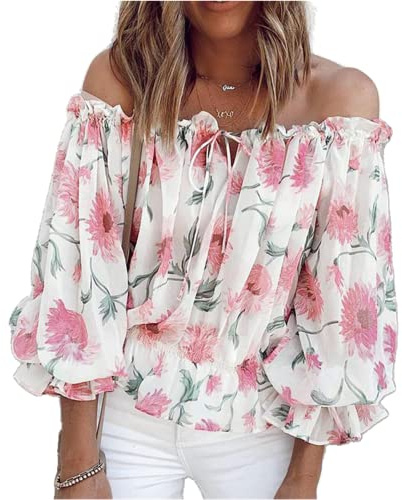 Dam Off Shoulder Top Blommig Blusar Blommigt Tryckt Långärmad Sexig Sommarskjortor Dam Fritid Blommig Tryckt Axel Chiffong Blus Sommar Långärmad Skjorta Toppar för damer Chiffong skjorta, A-vit, L
