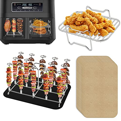 Edelstahl Grillrost & Spießen Rack mit 100xBackpapier kompatibel mit Ninja Foodi AF300EU Heißluftfritteuse, Vertikaler Spieß Rack Set - Dehydrate Rack & Gestell mit Spieße Für Ninja Foodi AF300EU
