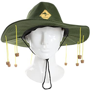 Sparkles Partyware Australian Cork Hat - Pack of 1 - Green Hat with Yellow Kangaroo Symbol and Dangling Corks on Strings - Australia Day Fancy Dress Costume Accessory