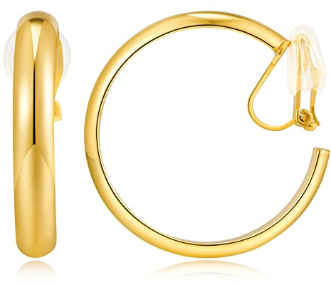 WOWORAMA Boucles d'oreilles créoles à clipser dorées pour femme - Grandes créoles classiques et épaisses - Boucles d'oreilles créoles à clipser non percées - Boucles d'oreilles créoles minimalistes,