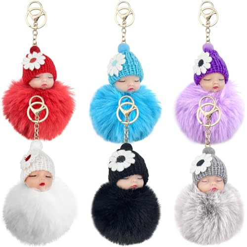 GZLCEU 6 Pcs Porte Clef Bebe, Porte Clés Bébé Dormant pour Porte Clés DIY,Portefeuilles,Sacs à Dos,Sacs à Main,Sac Porte Clef Poupee(Blanc/Gris/Noir/Rouge/Bleu Marine)