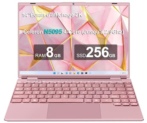 NOTODD Ordinateur PC Portable 14 Pouces 4 cœurs Celeron N5095 (jusqu'à 2,9 GHz),8+256GB SSD Soutien Extension 1TB Laptop Win11 avec 5G WiFi 1920x1200 Souris sans Fil&AZERTY Clavier Couverture-Rose