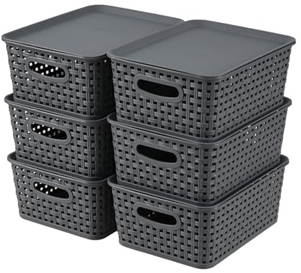 Bringer 6 Pack Woven Storage Basket with Lid, Lidded Storage Bins, Gray | Stackable Basket, Plastic Baskets Organizer Bins, Pantry Decorative Containers for Organizing Desktop Closet Office