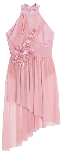 Alvivi Mädchen Lyrisch Tanzkleid Glitzer Eiskunstlauf Kleid mit Asymmetrisch Rock Ballettkleid Modern Dance Contemporary Tanzkleidung Rosa 110-116