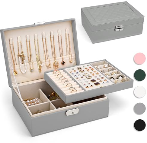 Yarmiene Joyero, Joyeros Mujer Organizador, 2 Niveles Caja Joyero Organizador Joyas Cuero PU, Portátil Joyero Viaje Caja de Joyería para Mujer para Anillos, Pendientes, Pulseras, Gris Plata