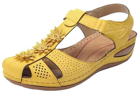 Dam ortopediska skor bred passform läder promenadskor lätta andningsbara stängd tå utomhus sport sandaler enfärgade sommar kil plattformssandaler gummi sula spänne sandaler, gUL, 37 EU