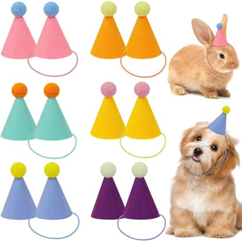 XFSRG 12 Stück Mini Partyhüte Set Bunte Party Kegelhüte Niedliche Welpen Partyhut mit Pompons Verstellbare Party Dekorationen für Hunde Katzen Kaninchen und Kuscheltiere(Set A)