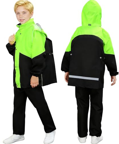 CHARMNAIL Unisex regnset för barn (pojkar och flickor) - regnjacka med huva, lätt, luft- och vattentät, utrustad med reflekterande remsor